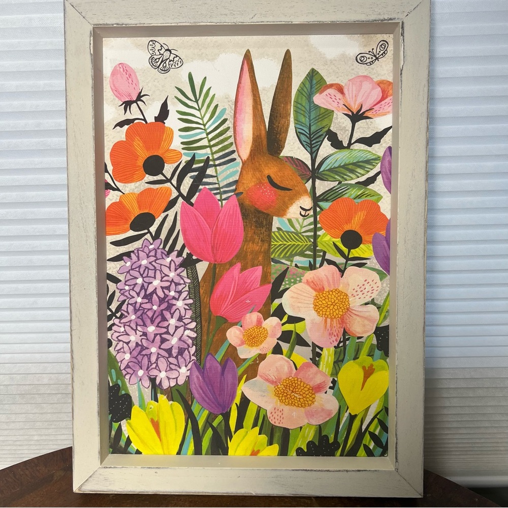 Pier 1 Framed Bunny Rabbit Floral Spring Wall Art Easter Cottagecore
